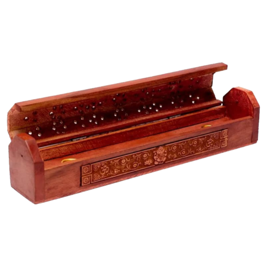 Incensario quemador Baúl elaborado en madera y tallado en metal. Ideal para trabajar inciensos varillas e inciensos en conos. Artesanía de India. Diferentes simbologías.