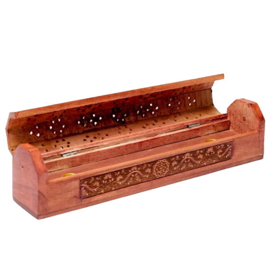 Incensario quemador Baúl elaborado en madera y tallado en metal. Ideal para trabajar inciensos varillas e inciensos en conos. Artesanía de India. Diferentes simbologías.